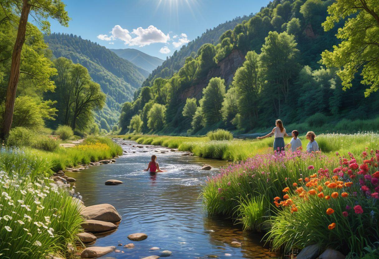 A serene landscape featuring a flowing river with sparkling waters, surrounded by lush green hills under a bright blue sky. In the foreground, a diverse group of people of various ages are joyfully engaging in activities like laughing, dancing, and meditating, symbolizing happiness and well-being. Ethereal light rays illuminating their faces, with colorful flowers blooming all around. The overall composition conveys a sense of peace and elation, inviting the viewer to explore the magic of joy. super-realistic. vibrant colors. serene atmosphere.