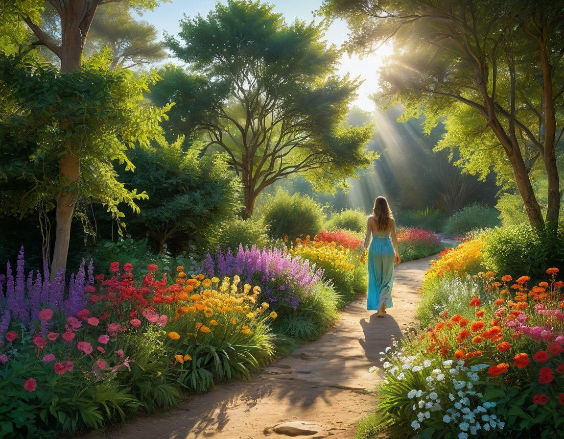 A serene pathway illuminated by soft, radiant light, lined with vibrant flowers in full bloom and lush greenery. A joyful figure, arms wide open, walks confidently along the path, embodying a zestful spirit. In the sky, glowing orbs of light represent positive strategies for living blissfully. The overall atmosphere should feel uplifting and harmonious. super-realistic. vibrant colors. dreamy background.