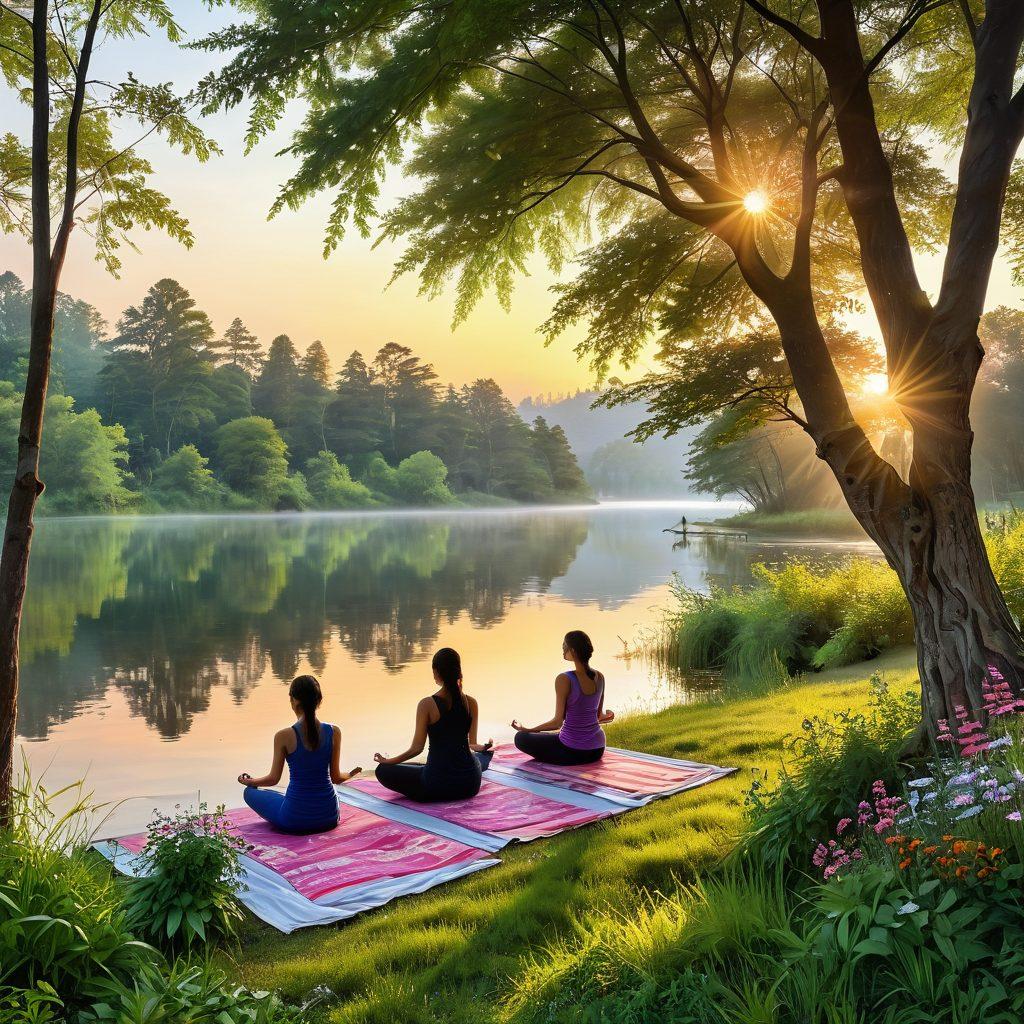 A serene landscape with a radiant sunrise over a calm lake, where a diverse group of people engage in joyful activities like yoga, painting, and laughter, surrounded by lush greenery and blooming flowers. Add elements of harmony and balance with soft, flowing rays of light symbolizing happiness and elation. super-realistic. vibrant colors. painting.